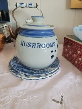 Blue and White Mushroom Storage Jar Artisn Signed Pottery Ceramic Canister